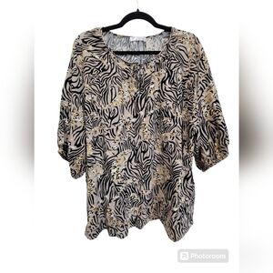 1X Animal Print Front Keyhole w/Tie String 3/4 Sleeve Blouse